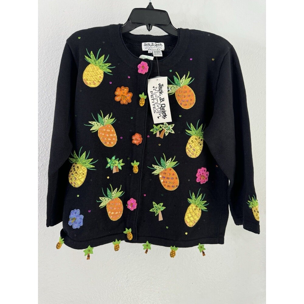 Jack B Quick Sweater Size PL Womens Black Pineapple Sequin Cardigan NWT